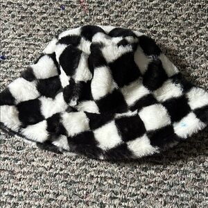 Checkered Faux Fur Bucket Hat